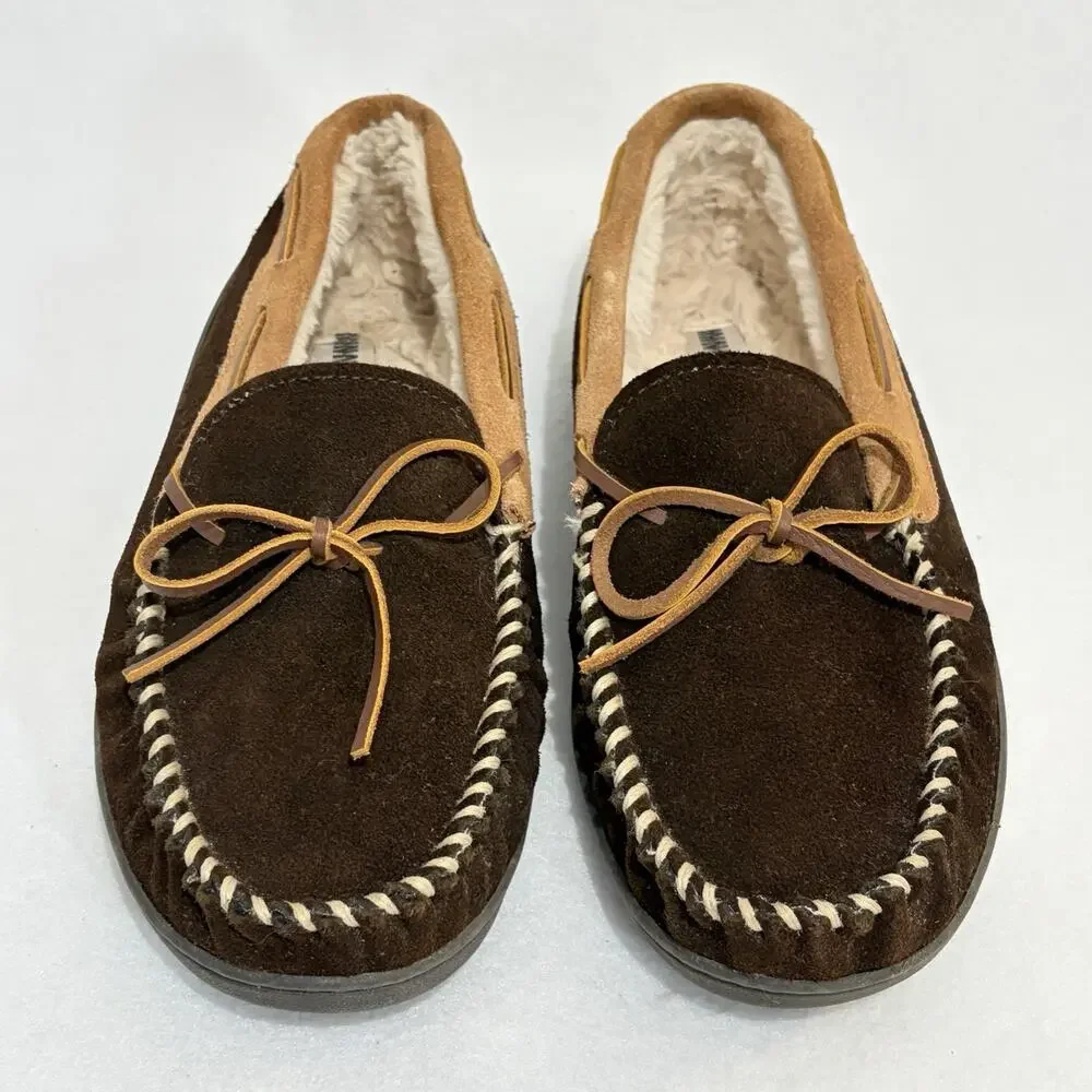 Minnetonka Slippers Mens 9 Pile Lined Hardsole Brown Leather Comfort House Shoes